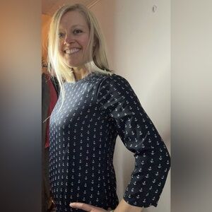 J Crew Blouse Top Women’s 3/4 Sleeve Blue Nautical Anchor Size XS EUC